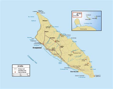 Detailed political map of Aruba with roads, cities and other marks ...