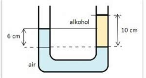 Pada gambar bejana berhubungan di atas diisi air dan alkohol. jika massa jenis air 1000 kg/m^3 ...