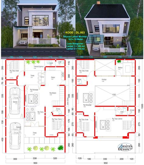 Denah Rumah 2 Lantai Luas Tanah 150 - Modern Minimalis