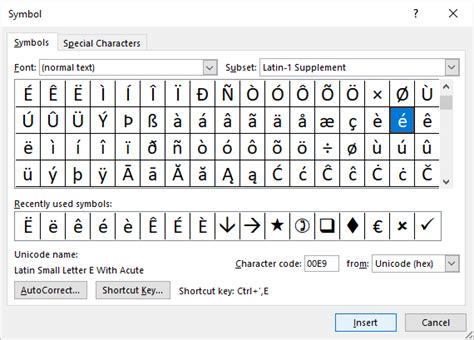 insert-symbol-dialog-box-in-word-with-e-with-acute-accent-selected - Avantix Learning