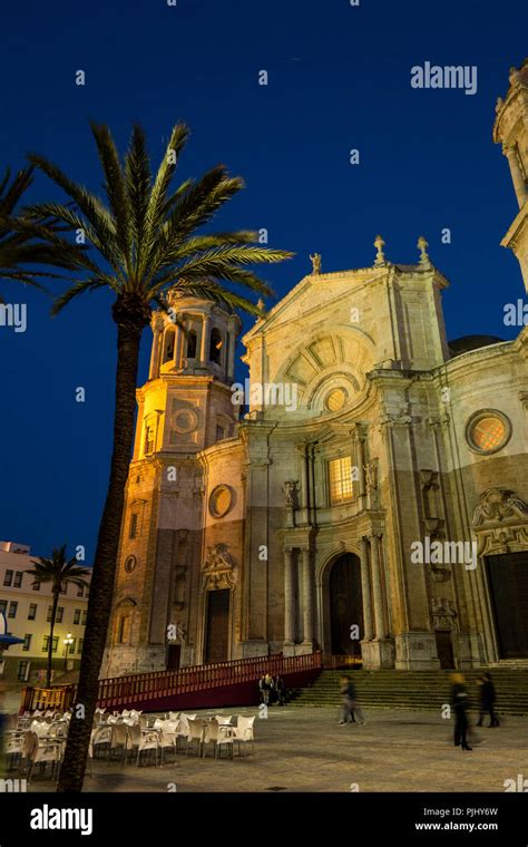 Spain, Cadiz, Plaza de la Catedral, Cathedral illuminated at night ...