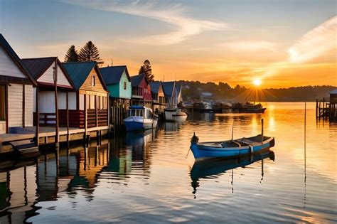 Premium Photo | A colorful boat sits in a harbor at sunset.