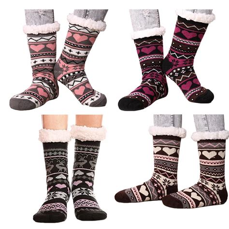 Women's Winter Socks Soft Warm Cozy Fuzzy Fleece lined Xmas Thick Socks Gift With Gripper ...