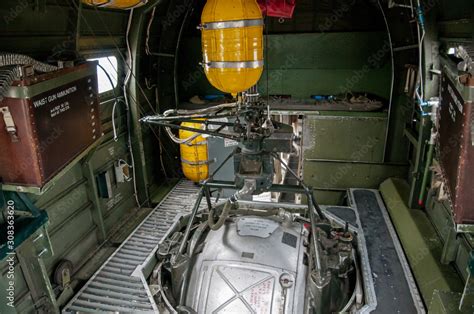 B-24 Liberator interior view of Ball Turret mount with yellow oxygen tanks and ammo cans. Photos ...