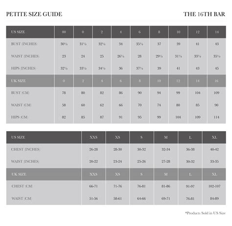 PETITE SIZE CHART | THE 16TH BAR