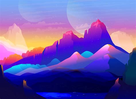 Rock Mountains Landscape Colorful Illustration Minimalist, HD Artist ...