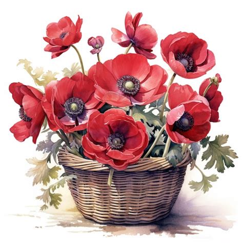 Premium AI Image | A painting of a basket of red flowers with green leaves.