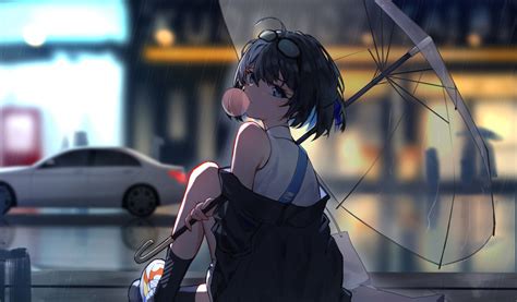 Download wallpaper 1024x600 enjoying rain, anime girl, netbook, tablet ...