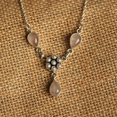 Rose Quartz and Pearl Necklace - Silver Quartz Necklace