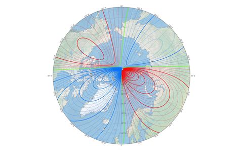 This map shows the location of the north magnetic pole (white star) and the magnetic declination ...