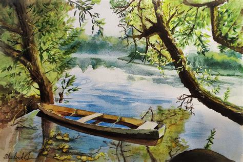 Boat Painting Watercolor Original Art Landscape Tree Artwork River Wall Art | eBay