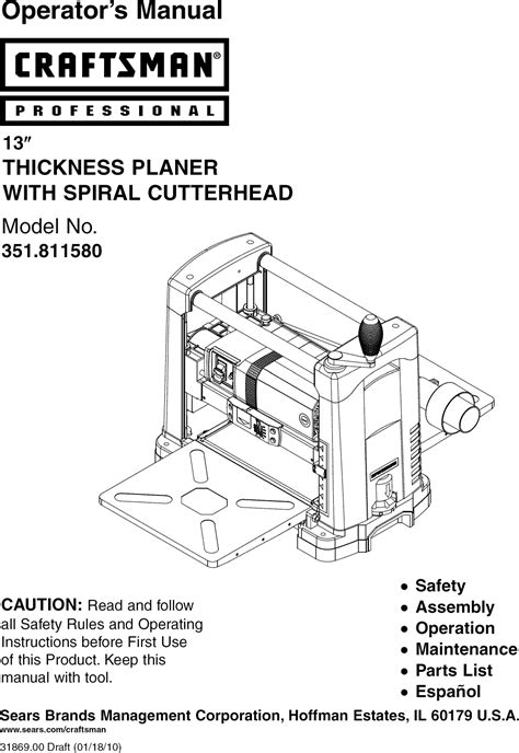 Craftsman 351811580 User Manual PLANER Manuals And Guides L1004312