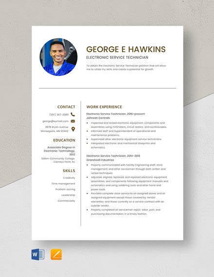 Electronic Technician Resume Template - Illustrator, InDesign, Word, Apple Pages, PSD, Publisher ...