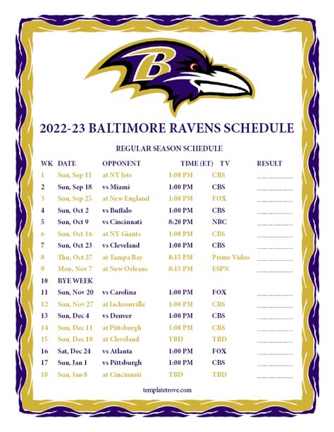 Printable 2022-2023 Baltimore Ravens Schedule