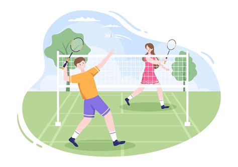 Badminton Player with Shuttle on Court in Flat Style Cartoon Illustration. Happy Playing Sport ...