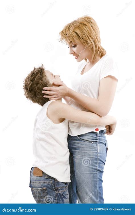 Happy Family Mother Hugging Her Son Stock Image - Image of jeans, child: 32903437