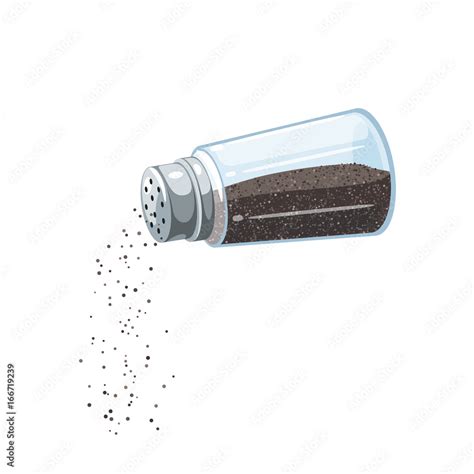 Transparent pepper shaker with metal lid, pouring ground pepper. Vector illustration cartoon ...