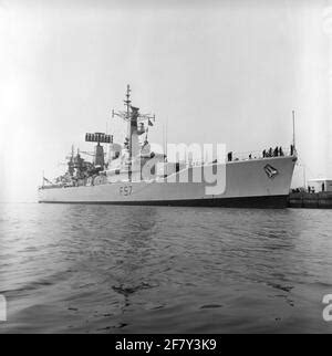 The British frigate HMS Andromeda (F 57, 1968) from the Leander Class visiting the port of Den ...