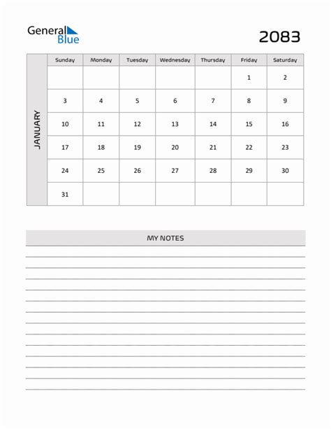 January 2083 Monthly Calendar (PDF, Word, Excel)