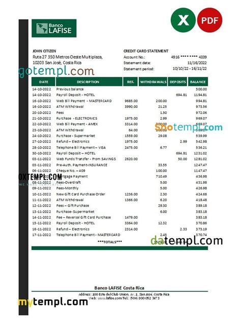 Costa Rica Banco Lafise bank statement Excel and PDF template - GOTEMPL - templates with design ...