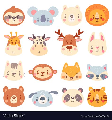 Cute animal faces color portraits Royalty Free Vector Image