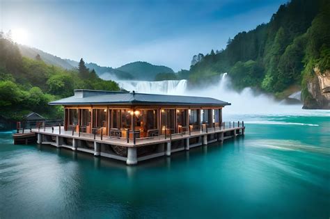 Premium AI Image | a house on a lake with a waterfall in the background