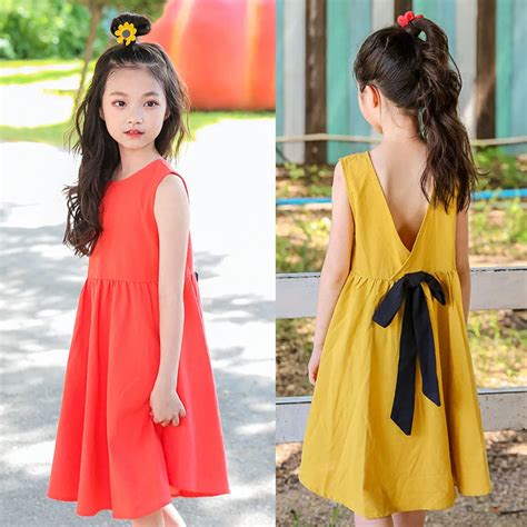 backless cotton teenage dress girls summer kids solid yellow red little girls dresses summer ...