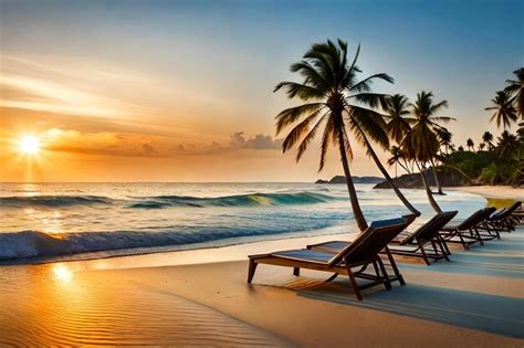 Premium AI Image | Beach chairs on the beach with palm trees in the ...