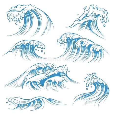 Hand drawn ocean waves. Sketch sea waves tide splash. Hand drawn surfing storm wind water doodle ...