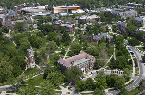 Aerial view of Michigan State University in East Lansing, Michigan with Beaumont Tower and the ...