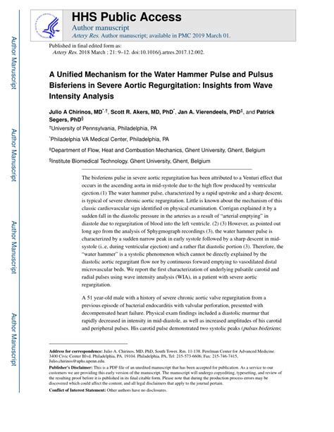 (PDF) A Unified Mechanism for the Water Hammer Pulse and Pulsus Bisferiens in Severe Aortic ...