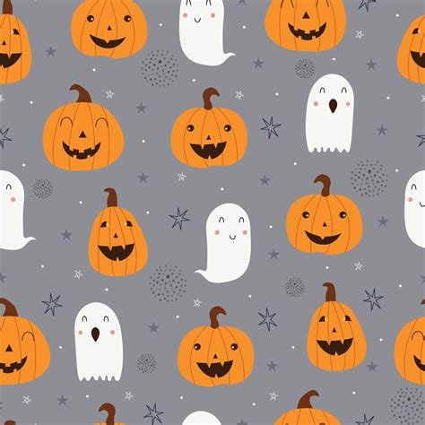 Seamless vector pattern Halloween background with pumpkins and ghosts Hand drawn design in ...