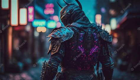 Premium Photo | Sci-fi cyberpunk samurai in cyberpunk city with neon lights. digital illustration