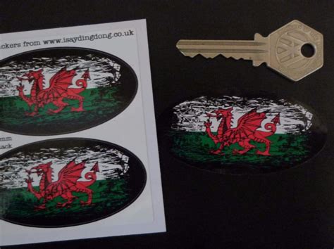 Welsh Dragon Flag Fade To Black Oval Stickers. 3" Pair.