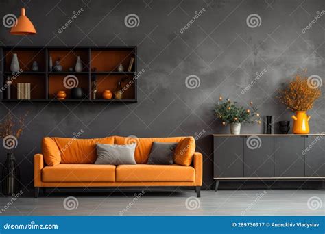 Elegant Orange Sofa Against Grey Stucco Wall and Cabinet. Scandinavian Style Home Interior ...