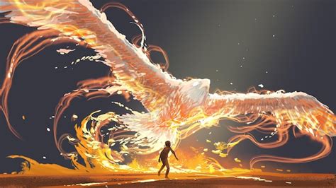 Premium Photo | The child looking at the phoenix bird flying above him digital art style ...