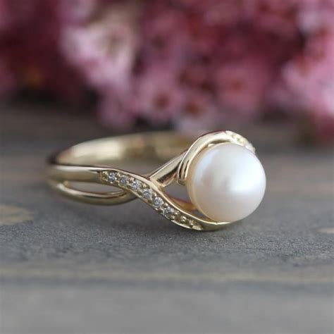 Pearl Engagement Ring In 10k Yellow Gold Infinity Diamond Wedding Band June Birthstone Ring ...