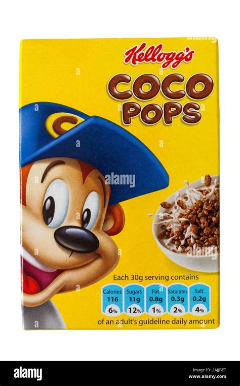 box of Kellogg's Coco Pops cereals, breakfast cereal isolated on white background - Kelloggs ...