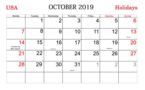 Holidays Calendar of October 2019 | Holiday calendar, Usa calendar, October holidays