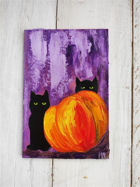 Black Cat Small Art Pumpkin Halloween Painting Thanksgiving - Etsy UK