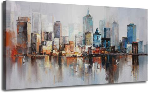 Canvas Wall Art Prints Modern Abstract Cityscape Brooklyn Bridge Painting Stretched and Framed ...