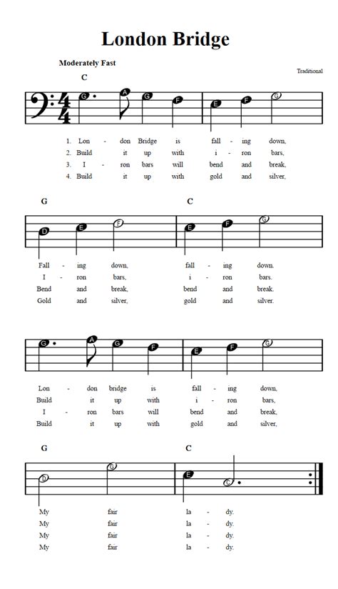 London Bridge: Beginner Bass Clef Sheet Music with Chords and Lyrics