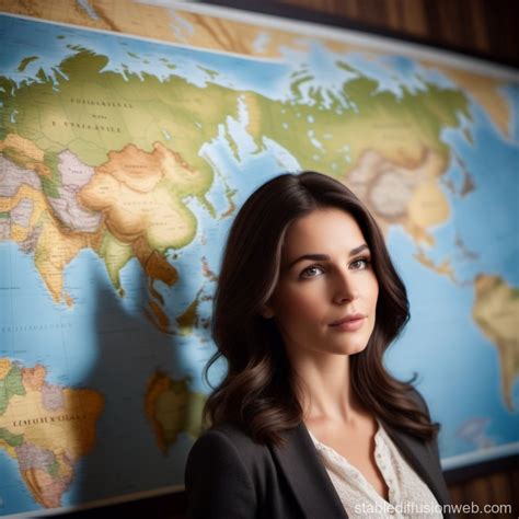 a brunette woman in front of a map of the world Prompts | Stable ...