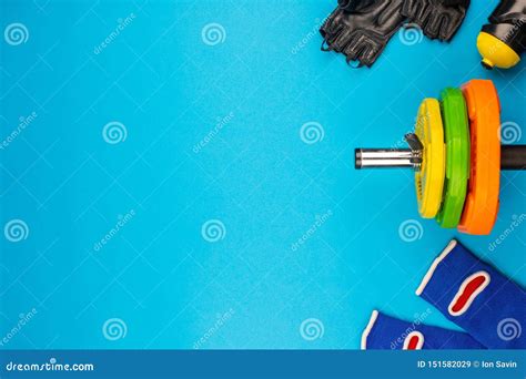 Gym Equipment on Blue Background Stock Image - Image of active, object: 151582029