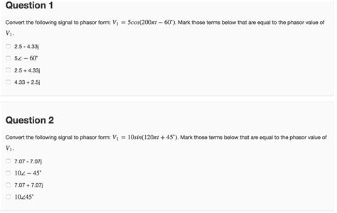 Solved Convert the following signal to phasor form: V_1 = | Chegg.com