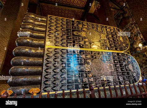 Mother-of-pearl inlay on the soles of the feet of the Reclining Buddha, Viharn Phranorn, Wat Pho ...