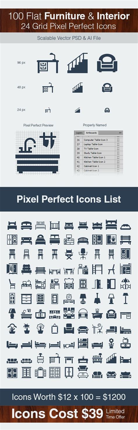 Flat Furniture & Interior Pixel Perfect Icons | Ai + Vector PSD