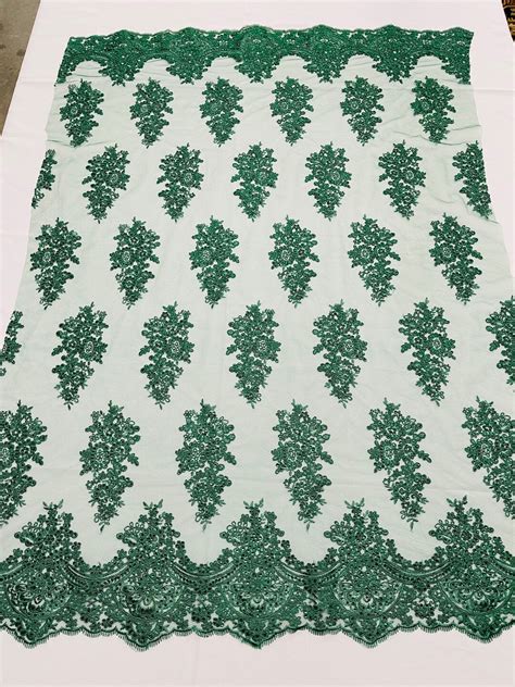 Hunter Green Lace Fabric by the Yard Embroidery With Sequins on a Mesh ...