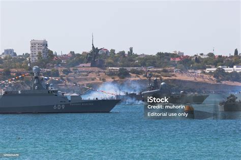 Missile Boat R334 Ivanovets Passes Next To The Small Missile Ship Vyshny Volochyok At The Parade ...