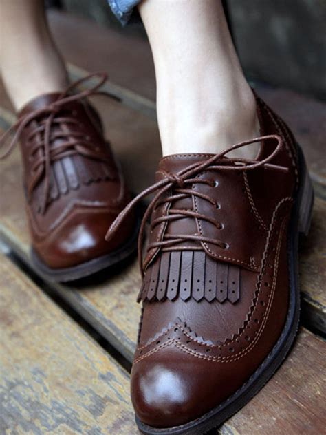 Womens Dark Brown Stylish Oxfords Casual Lace Up Round Toe Low Puppy Heel PU Leather Shoes ...